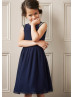 Navy Blue Pleated Chiffon Knee Length Flower Girl Dress